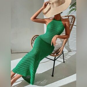 Sexy Green Crochet Backless Halter Neck Bodycon Dress Swimsuit Cover-Up Small